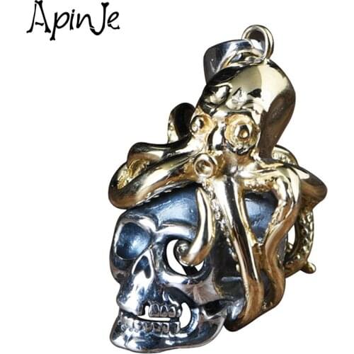 Apinje S925 Sterling Silver Skull Necklace Pendant Brass Gothic Biker Men Jewelry