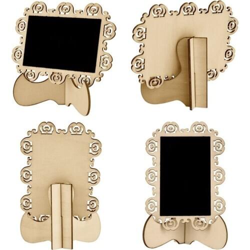 Free shipping 30pcs/lot Mini Stand Holder Wooden Openwork Square Wedding Party Decor Decorative Blackboard Tag Message Board
