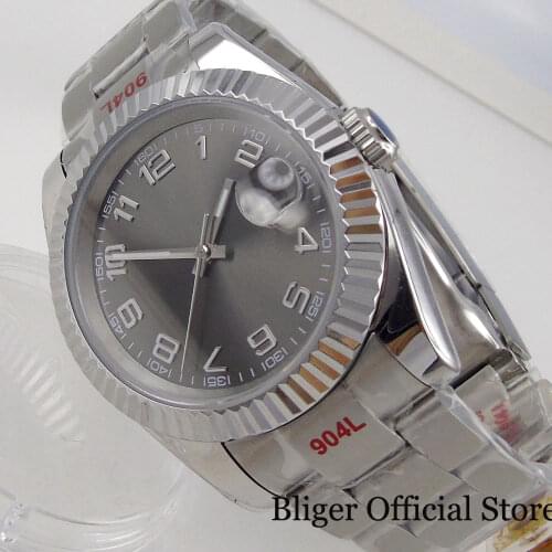 BLIGER 36mm Fluted Bezel Date Just Men Watch Brushed Oyster Strap Sunburst Nologo Grey Dial Date Adjustable Clasp