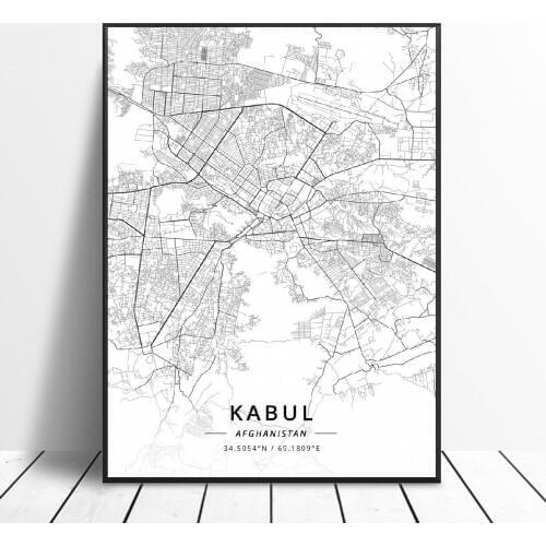 Black and White Kabul Afghanistan Latitude Longitude Canvas Art Map Poster
