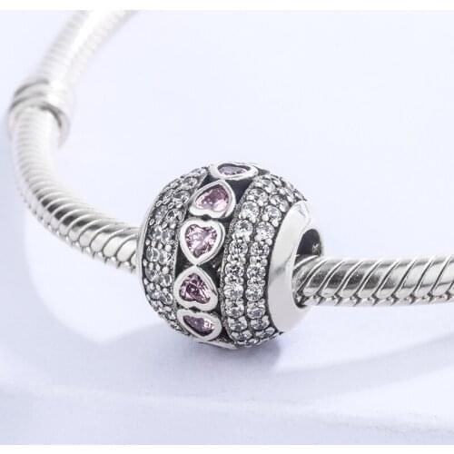 Bling Diamond Pink Zircon Heart 925 Sterling Silver Bangle Bead Diy Jewelry Accessorise Custom Valentines Day Gift For Lover