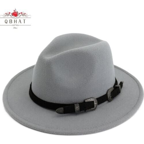 QBHAT Unisex Men Women Wool Felt Jazz Fedora Hat with Belt Buckle Decoration Floppy Cloche Wide Brim Panama Gambler Hat