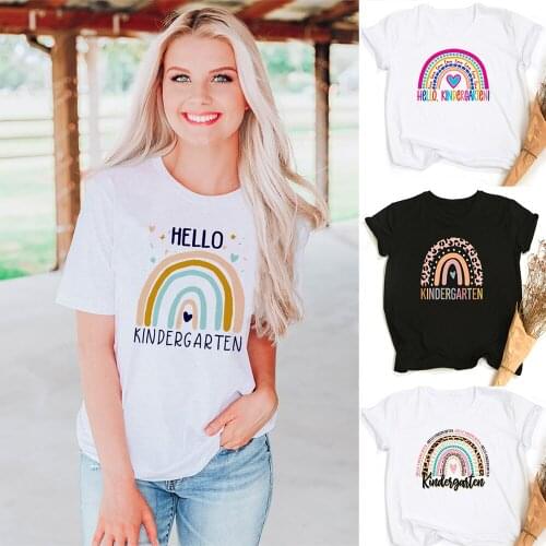 Hello Kindergarten Rainbow T-Shirt Women Summer Short Sleeve Aesthetic Graphic Tees Teach Love Inspire Back To School Teacher