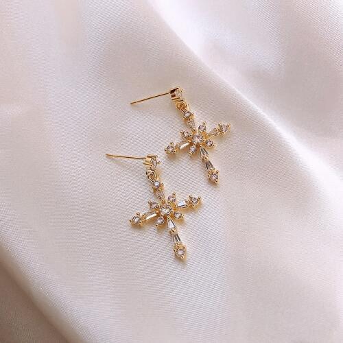 HF JEL Exquisite CZ Cross Dangle Earrings for Women Gold Statement Drop Earrings Female Korean Jewelry Accessories