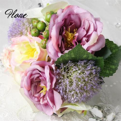 Flone Artificial Rose Butterfly Orchid Berry Bouquet Silk Flower Wedding Bridal Hand Holding Flowers Home Party Decor Art Floral