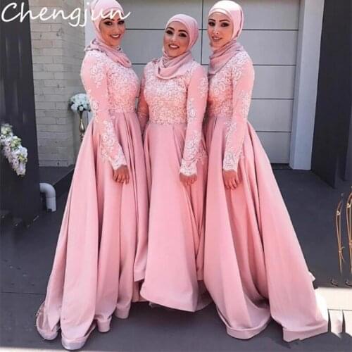 Chengjun Classic A-Line Muslim Vintage Blush Long Sleeve Bridesmaid Dresses