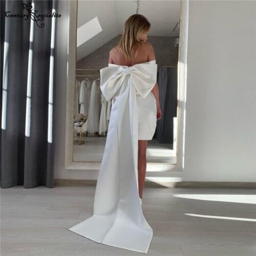 Satin Wedding Dresses Short with Detachable Big Bow Off the Shoulder Simple Bride Dress Beach Bridal Gowns Robe De Mariee 2021