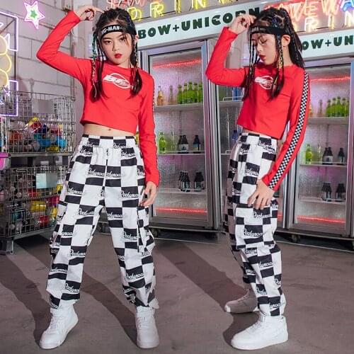 Girls Jazz Dance Clothes Red Crop Tops Lattice Pants Ballroom Hip Hop Dance Costume Kids Practice Wear Festival Clothing BL7103