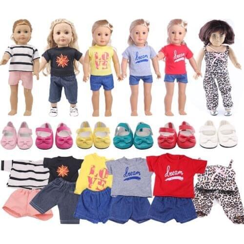 Doll Clothes 6 Styles 2 Pcs Short sleeve+Pants For 18 Inch American Doll & 43 Cm Baby Doll For Generation Girl`s Toy Accessories