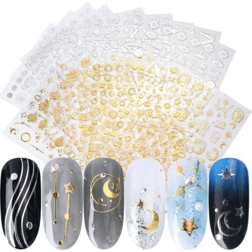 1pcs 3D Gold Silver Nail Art Sticker Embossed Star Moon Starry Designs Adhesive Transfer Sliders Manicure Decoration JICB133-141