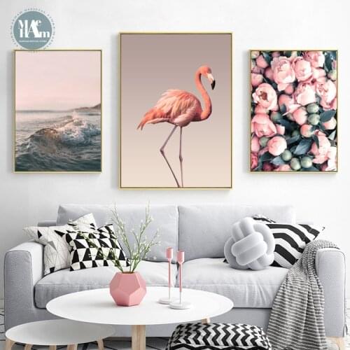 Nordic Flamingo sea flowers wall art Canvas posters Painting Prints Warm color Picture for Living Room Morden art Home Decor