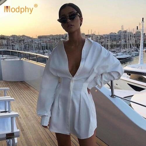 White Shirt-Style Waist Dress Women Sexy Long-Sleeved Single-Breasted Mini Dress 2020 Autumn Female Sexy Fashion Clothing