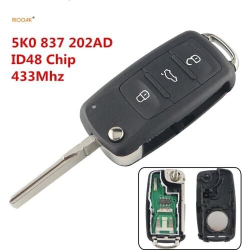 RIOOAK for VW/VOLKSWAGEN 5K0837202AD Beetle/Caddy/Eos/Golf/Jetta/Polo/Scirocco/Tiguan/Touran/UP with ID48 transponder 433MHz