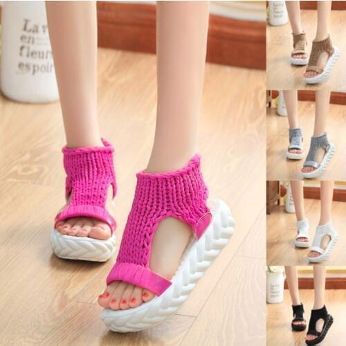 Summer Causal High Heels Sandals Women Knitting Wool Peep Toe Ladies Platform Shoes Solid Comfortable Wedge Sandals