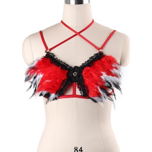 Womens Wear Body Harness Burning Man Cage Bra Festival Rave Lace red Fearher Flowers Bondage Harness Cage Adjust Size