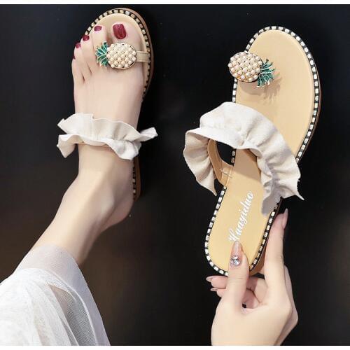 Women Slipper Pineapple Pearl Flat Toe Bohemian Casual Beach Sandals Ladies Shoes Platform 2020 Designer Black Slides Wholesale