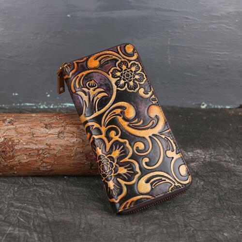 Ladys clutch bag stylish embossed long money bag head layer coin-leather vintage leather zippered ladys purse