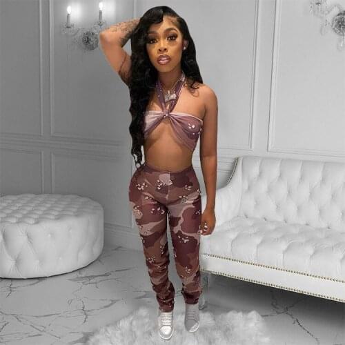 2021 Best Quality Famous Brand 2 pcs Women Set Print Halter Strapless Short Tops and Long Pants Summer Sexy Club Outfits