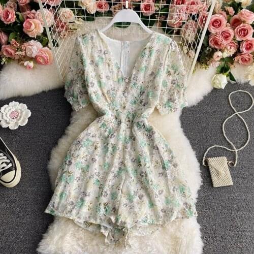 New Summer Women Chiffon Playsuit Floral Printed Embroidery Holiday Beach Ladies Romper V-neck Voile Noble Overalls Jumpsuits