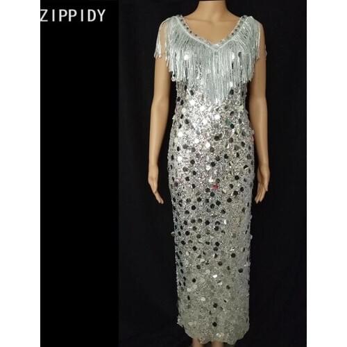 Flashing Silver Sequin Fringe Stone Slit Transparent Dress Women Birthday Celebrate Outfit Dancer Show Long Dress