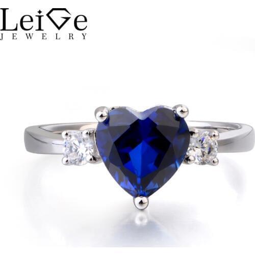 Leige Jewelry Blue Sapphire Ring Promise Ring September Birthstone Heart Cut Blue Gemstone Genuine 925 Sterling Silver Ring Gift