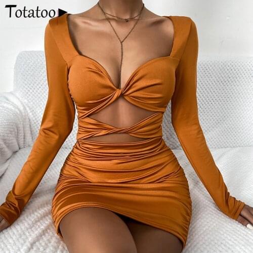 Totatoop Women Elegant Sexy Bodycon Dress Autumn Winter Long Sleeve Hollow Out Cross Ruched Skinny Dress Club Festival Vestidos