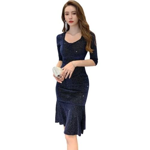 2021 Women Autumn New Style Dress Half-Sleeve Square Collar Skinny Mermaid Dresses Elegant Slim Female Office Base Vestido OK659