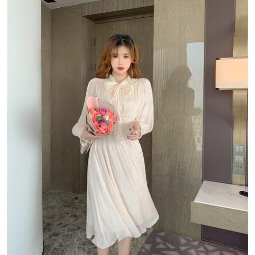 Popular 2021 New Spring Autumn Dress Womens Sweet Elegant Bow Collar High End Dresses Ladies Solid Pleated A-Line Vestidos