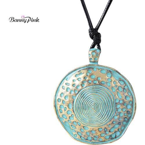 Banny Pink Vintage Round Hammend Pendant Necklace For Women Ethnic Printing Anti Big Dangle Necklace Adjustable Necklace Collier