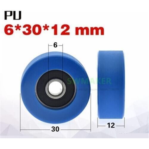10pcs 6*30*12mm M6 thread screw roller, PU gummed bearing wheel, mimusi automation equipment, mute,blue