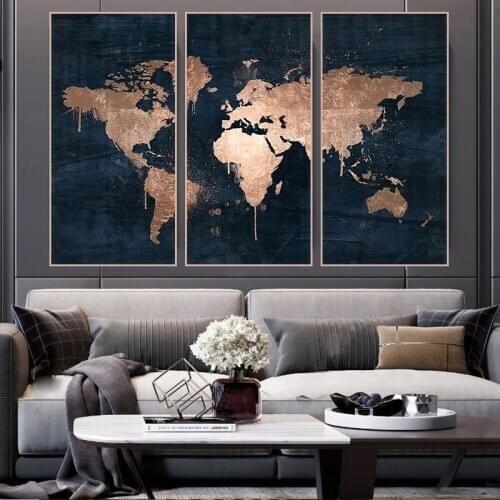 3 Panel World Map Rose Gold Posters HD Canvas Wall Art Pictures Accessories Paintings Modular Home Decor Living Room Decoration