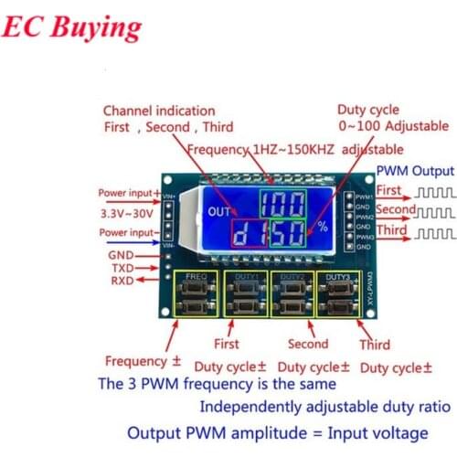 3-way LCD Display Module 1Hz-150Khz PWM Signal Generator Pulse Adjustable Frequency Module Square wave DC 3.3-30V 3 Channel