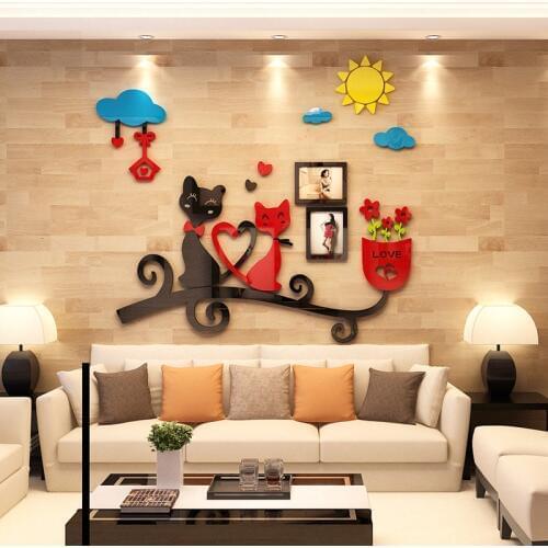 Couple cat acrylic TV backdrop wall sticker creative personality 3D stickers bedroom bedside background wall surface decoration