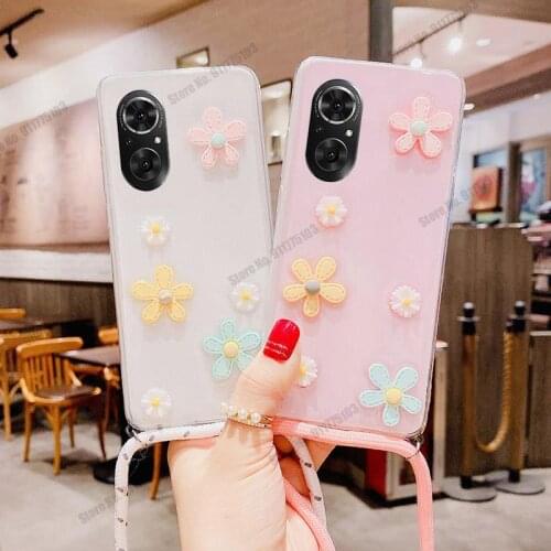Case For Huawei Honor 50 Pro 5G Glitter Daisy Flower Clear Phone Case For Honor 50SE Crossbody Lanyard Strap Silicone Back Cover