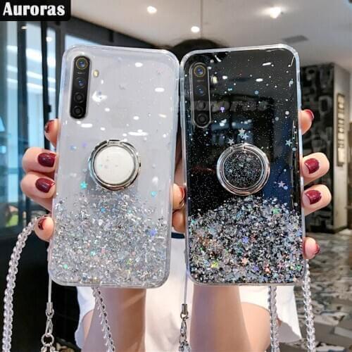 Auroras Glitter Bling Sequins For Realme 6 Pro Case Starry Sky Stars Moon With Ring For Realme 6 6i 6S 7 7 5G Pro Cover