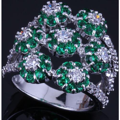 Resplendent Huge Flower Green Cubic Zirconia White CZ Silver Plated Ring V0546