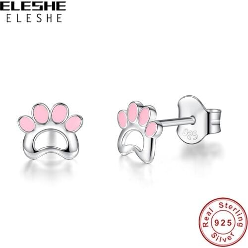 Paw Print Earrings Authentic 925 Sterling Silver With Pink Enamel Stud Earrings For Women Fashion Party Jewelry Gift