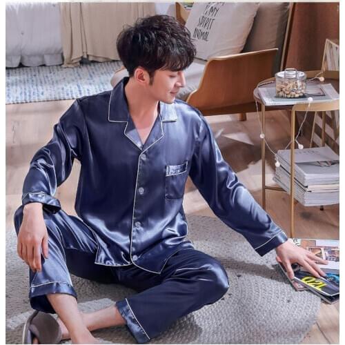 Solid Satin Men Pajamas Set Summer Long Sleeve Autumn Homewear Silk Men Sleepwear Suit Casual Two-Piece Pyjamas Male L-XXXL