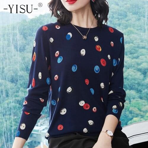 YISU 2018 autumn Women O neck Sweater Casual Candy button Printed Knit Jumpers Harajuku Sweater Pull Femme winter Warm Sweaters