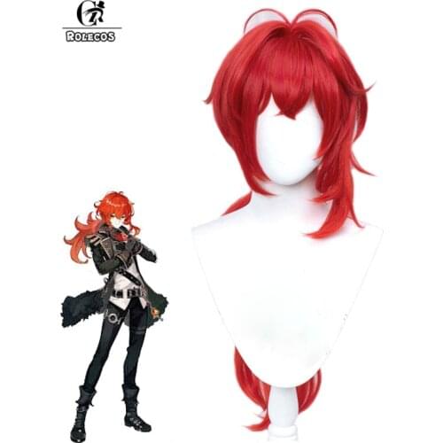 ROLECOS Diluc Cosplay Wig Game Genshin Impact Diluc Cosplay Wig Men 70cm Headwear Long Hair Synthetic Hair Heat Resistant
