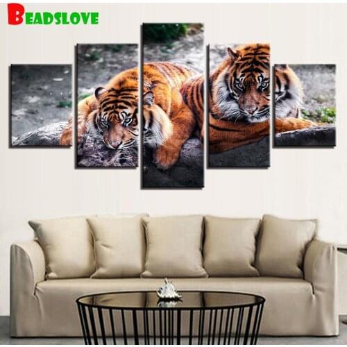 Full square Diamond painting 5 piece Fierce Tigers 3d round drills Embroidery rhinestones Forest Animal king 5d puzzle diamond