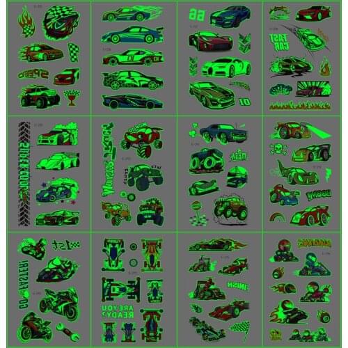 Robot Tattoo for Children Glowing Dark Waterproof Luminous Racing Car Dinosaur Fake Tattoo Stickers Body Art Christmas Halloween