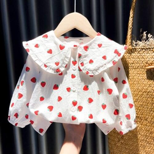 Baby Girls Strawberry Leaf collar Shirt Children Tops School Kids Cotton Turn-down Collar Shirt Newborn Toddler Baby Blouse