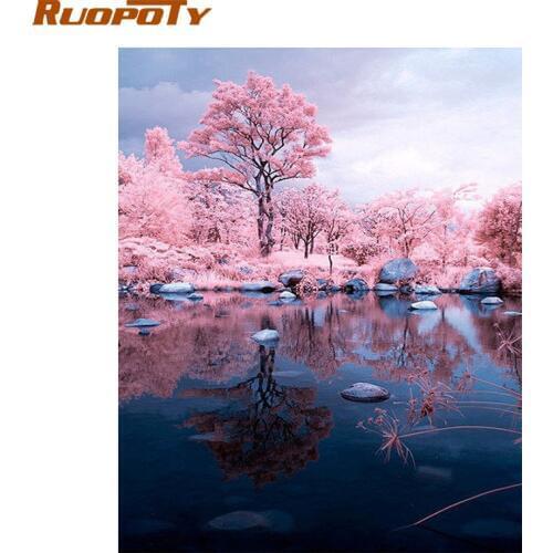 RUOPOTY Frame Diy Picture By Numbers Kit Pink Forest Landscape Paint By Numbers For Adults Handpainted Oil Painting For Diy Gift