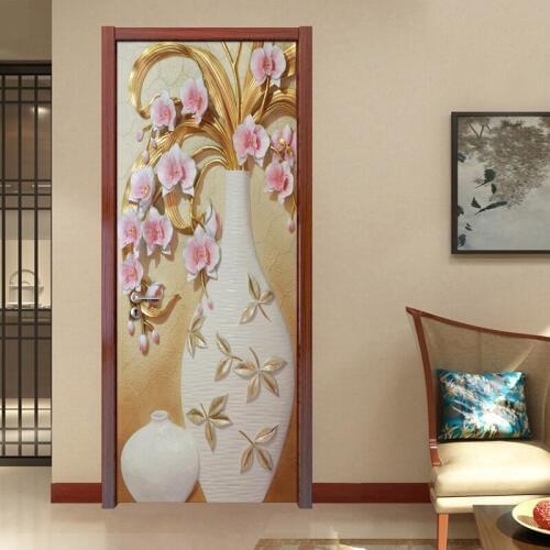 PVC Self Adhesive Door Sticker Wall Painting Papel De Parede 3D Plum Vase Photo Wallpaper Living Room Bedroom Mural Decoration