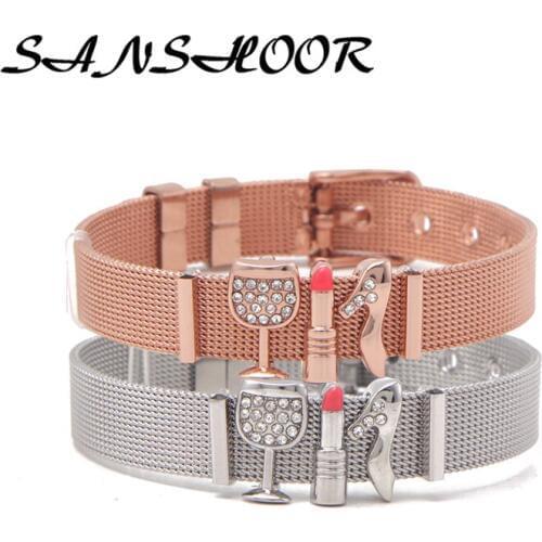 SANSHOOR Hot-sale Stainless Steel Mesh Keeper Bracelet Set With Lipstick High Heels Wine Glasses Slide Charms As Gift For Women