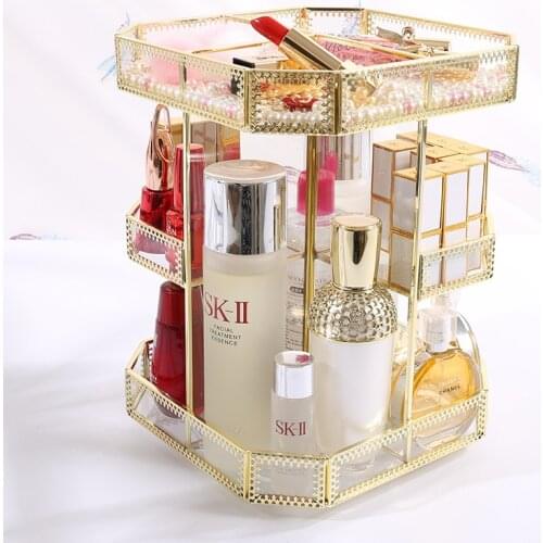 Cosmetic Storage Box Metal Rotating Change Holder Octagonal Net Red Section 360-degree Rotating Transparent Glass