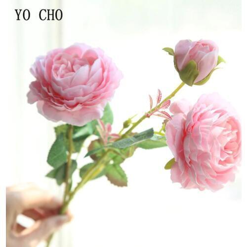 YO CHO Rose Artificial Flowers 3 Heads Pink White Peonies Silk Flower Wedding Garden Decoration Fake Flower Bouquet Peony Color