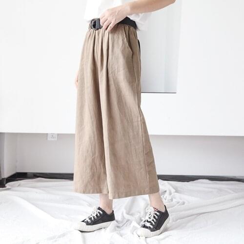 Johnature Women Wide Leg Pants Pockets Elastic Waist 2021 Autumn New Solid Color Cotton Linen Trouser Casual Women Pants