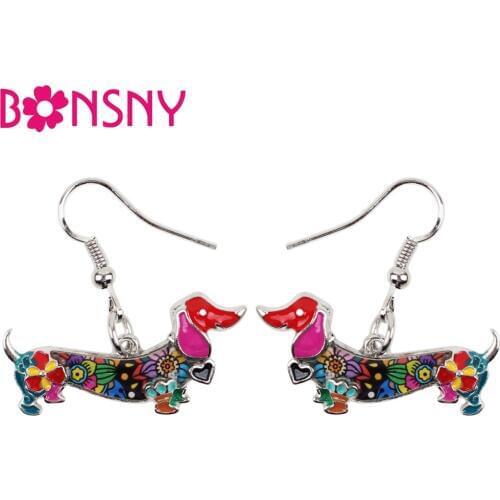 Bonsny Fashion Enamel Alloy Dachshund Dog Dangle Drop Big Long Earrings Fashion Animal Ladies Jewelry For Girls Women Wholesale